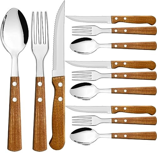Juego de 12 Cubiertos con Mango de Madera Natural, Cubertería en Acero Inoxidable -Incluye Cuchillos, Tenedores y Cucharas (4 Comensales)