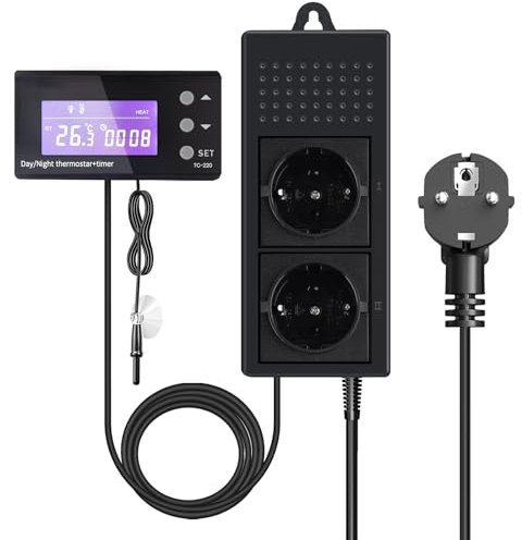 Luxvista 220V Reptilien Thermostat Terrarium Tag Nacht, mit Heizung oder Kühlung, Digital Zeitschaltuhr Temperaturregler Steckdose mit Fühler für Gewächshaus, Aquarium, Terrarium, Reptilien, etc