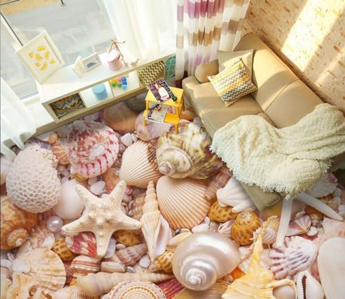 Badezimmerbodenaufkleber 3D-Tapete mit weißem Muschelboden, 250 x 175 cm Bodenfliesen Aufkleber Wohnzimmer Studie Bodenbelag Tapete, Epoxidharz