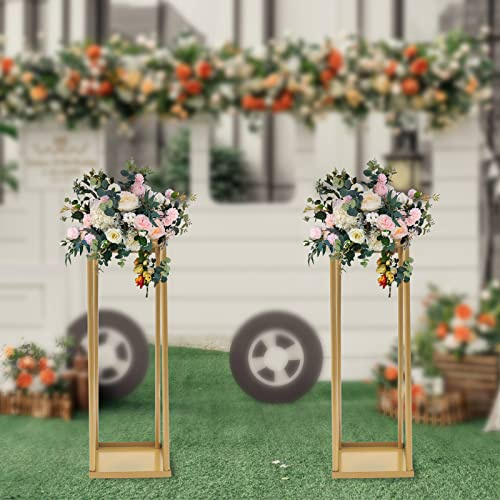 Blisiour 23.6inch 4Pcs Wedding Metal Flower Stand Column Vases Gold Iron Wedding Table Centerpieces Rectangular Frame Flower Rack Geometric Stand for Wedding Party Decoration (23.6*7.9*7.9inch 2Pcs)