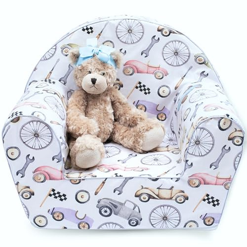 PinkZebra BEZUG für Kindersessel aus Schaumstoff, Sesselbezug, Bezug für Sessel, Past für Kindersessel in Größe: 51 x 34 x 42 cm, Sitzfläche: 26 x 26 cm, Öko-tex Standard 100 (Autos Oldtimer)