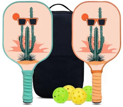 KUAVETO Ensemble de raquettes de pickleball, tout le plaisir que vous pouvez avoir avec un noyau en polymère nid d'abeille à motif Cactus-BM14 – Comprend 2 pagaies, 4 balles et un sac de transport