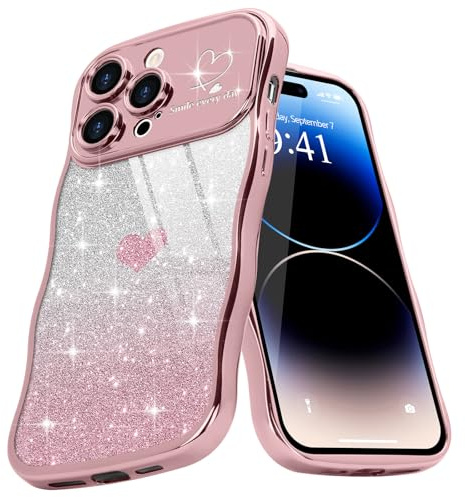Teageo Cute Heart Pattern Curly Phone Case for iPhone 14 Pro Max, Wave Frame Glitter Case for Girls Women Aesthetic Bling Cover Shockproof Soft TPU Bumper for iPhone 14 Pro Max, Pink | Cute Love Heart Glitter Bling Camera Protection Luxury Elegant Shockproof Clear Wave Phone Case for iPhone 14 Pro Max 6.7