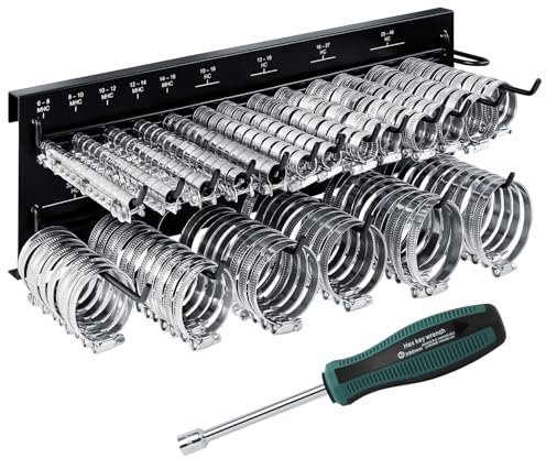 GRAFT Schlauchschellen Wandhalter Set | 227 Stück | Inklusive Halterung und Schraubendreher | Rohrschellen Set | Einstellbare Schlauchklemmen | Schlauchschelle Sortiment | Organizer Rack