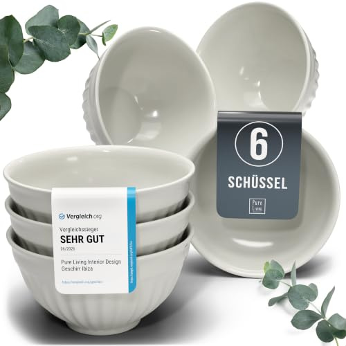 Steingut Müslischalen 6 Personen Hygge TESTSIEGER, Traumhaftes Skandinavisches Steingut Müsli Schüssel Set, Kleine Schüssel, Müslischale - Pure Living in Beige