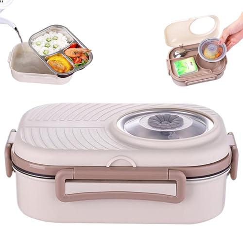 Caja de Almuerzo de Acero Inoxidable para Niños y Adultos, Lonchera Termal a Prueba de Fugas, Calefactor Apilable con 3 Compartimentos, Bandeja y Tazón de Sopa, Palillos y Cuchara