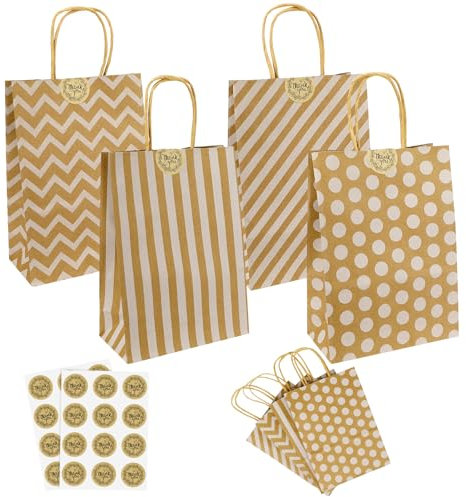 Farerkass Sac Kraft, 24 Petit Sacs en Papier avec Poignées, Sacs Marrons Motif Blanc Cabas en Papier Kraft avec Poignées, 16x 22 x 8 cm, pour la Nourriture, la Pâtisserie Shopping, Cadeaux et Fêtes