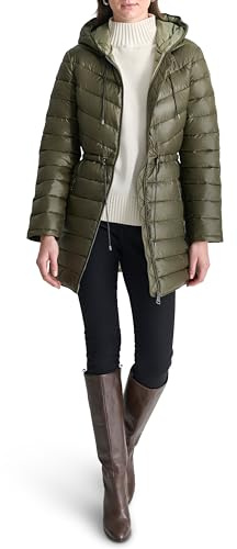 DKNY Women's Bib-Front Light-Weight Puffer Down Alternative Coat, Loden, XL