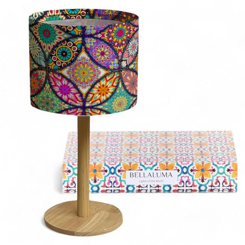 Bellaluma Lámpara de Mesita de Noche con Pantalla Estampada | Lámpara Decorativa de Mesa de Madera para Dormitorio, Salón o Recibidor | Caja de Regalo Premium + Bombilla LED Incluida