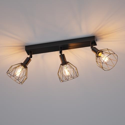 Klighten Faretti da Soffitto Vintage Orientabili con 3 Attacco E14, Nero Industriale Plafoniera 3 Luci, lampada Soffitto per Cucina, Soggiorno, Camera da Letto, 43.5cm, Lampadina non Inclusa