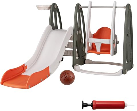 HOMASIS 4 in 1 Kinderrutsche Indoor & Outdoor, Kinder Rutsche mit Schaukel, Basketballkorb, Ball, Kletterleiter, Babyrutsche Spielplatz Gartenrutsche für Kinder ab 18 Monaten (Orange)