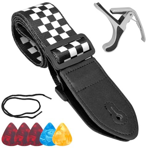 OVBOVA Sangle de Guitare, Ceinture de Guitare Jacquard Noir Et Blanc à Carreaux Avec Extrémités en Cuir Pour Basse,électrique,Acoustique,Viennent Avec 1 Clip de Hauteur Son de Guitare et 5 Médiators