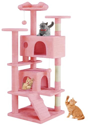 Sweetcrispy 137.2 cm Kratzbaum Turm Mehrstöckig mit Katzenkratzbaum Indoor Katzenhaus mit Kletterleiter Plüschtier Spielhaus für Katze Rosa