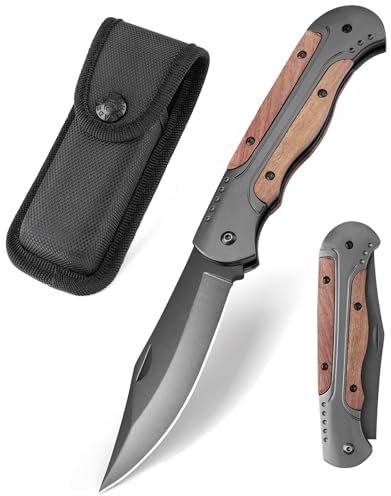 DRACHENADER Couteau Pliant A-11, Couteau De Poche En Acier 420C, Pliant Avec Clip Et Étui En Nylon, Manche En Bois Et Aluminium