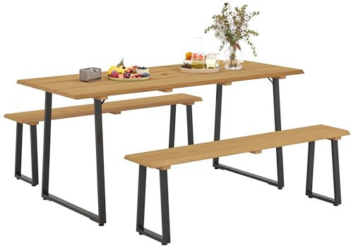 Outsunny Sitzgruppe 3-teilig Holz Essgruppe für 6 Personen Esstisch mit 2 Bänke Schirmloch Esszimmergruppe mit Holztisch Küchentisch-Set Balkonmöbel Gartenmöbel für Terrasse, Balkon Naturholz