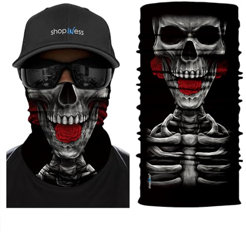ShopINess Halsvärmare Multifunktionell Tubhalsduk Dödskalle | Bandana & Ansiktsmask för Motorcykel, Cykel, Skidåkning, Snowboard, Sport, Festival & Halloween | Unisex (3 Rosor)