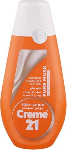 Creme 21 Lotion pour le corps musc pur 250 ml | Parfum musc avec vitamine E, hydratant, sans paraben, sans huile minérale pour une peau lisse, soignée et jeune avec autocollant Kajal