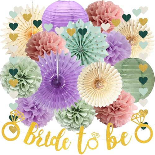 Bride to Be Deko Salbeigrün JGA Deko Lila Rosa Bridal Shower Party Deko Lila Seidenpapier Pompons Creme Papierlaterne Papierfächer Girlande für Junggesellenabschied Hochzeit Brautdusche Dekoration