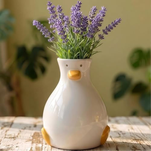 Zynzthos White Ceramic Duck Vase, Goose Vase - Fun Animal Flower Vase Decor | Fun Cute Duck & Goose Animal Design, Ideal for Flower Arrangement or Standalone Decor, Great Gift Idea, Handmade Ceramic