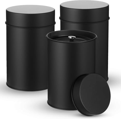 BSTMOME 3PCS Metal Tea Tin Canister with Airtight Double Lids 16 oz Round Tin Can with Lid Double Sealed Small Kitchen Container for Loose Tea Storage Coffee Sugar Candy Herbs and Spices (Black)