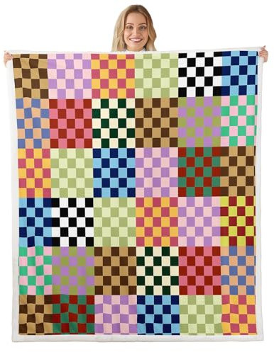 Coperta per bambini con motivo geometrico a quadri colorati, coperta per letto a quadri astratti patchwork per ragazze e ragazzi, coperta moderna chic pelosa a quadri, 101 x 127 cm