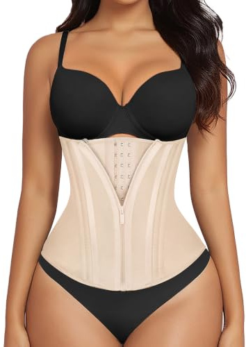 SHAPERX Waist Trainer for Women Underbust Corset Shapewear Tummy Control Workout Waist Cincher Body Shaper Zipper and Hooks, SZ7310-Beige-M