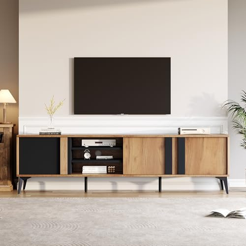 Merax Meuble TV 180 cm, Lowboard avec 3 Portes et 4 Étages Ouverts, Meuble de Rangement Télé Moderne Style Industriel en Panneau Mélaminé, pour Téléviseur jusqu'à 80, Console pour Salon