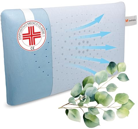 BELTALIA Cuscino Cervicale Memory Foam Aromaterapico – Dispositivo Medico Classe 1 Detraibile – Traspirante con Fori Surround – Fodera Jersey – Made in Italy - (Eucalipto Jersey, 73x43 H14)
