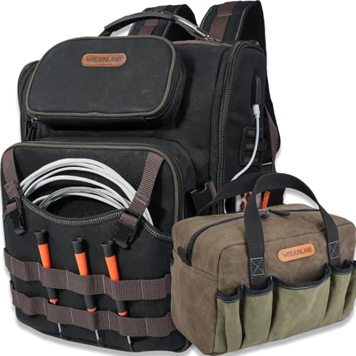WELKINLAND 60-Pocket Electrician Backpack & Tool Bag Set, Tool Bag Backpack | Full-Open Tool Backpack For Men, Heavy-Duty Tool Back Pack, Wax Canvas Tool Backpack HVAC, Handy Back Pack Tool Bags For Men