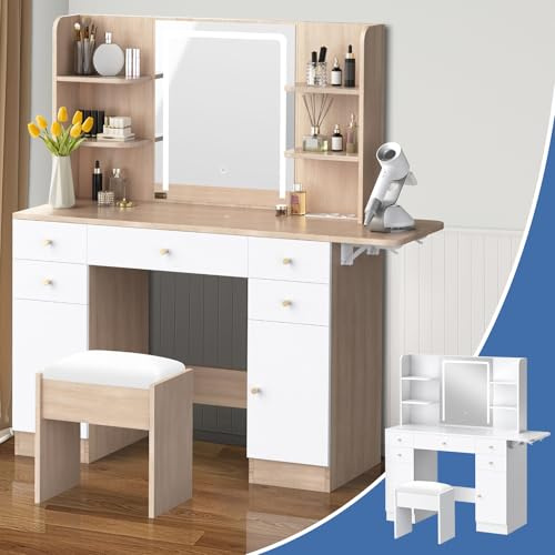 ALFORDSON Coiffeuse avec Miroir et éclairage, Vanity Moderne avec Plateau Large, Ensemble Dressing Table avec 2 armoires, 5 tiroirs, 6 étagères Ouvertes et Tabouret de Rangement Chambre, Couleur Bois