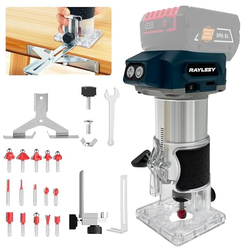 Akku Oberfräse für Bosch Professional 18V System, 800W Akku-Kantenfräse Set mit 5 Geschwindigkeit, 30000 U/min Bürstenloser Multifunktionsfräse Handfräser mit 15 Stück 1/4 Fräser Set(Ohne Akku)