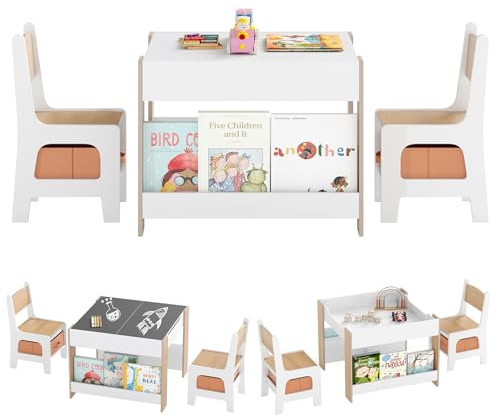 COSTWAY Barnbord med 2 Stolar 3-delar – Dubbelsidigt Aktivitetsbord med Krittavla & Whiteboard, Bokhylla, Förvaring och Barnvänliga Trästolar för Barn 3-6 År (Natur)