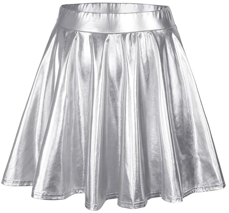 Falda de patinadora para mujer, plisada, lisa, de cintura alta, con purpurina, acampanada, plisada, acampanada, minifalda acampanada, plata, M