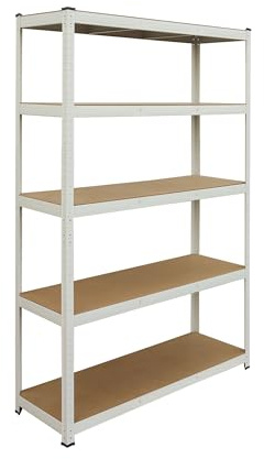 Relaxdays Schwerlastregal, HxBxT: 200x120x50 cm, 875 kg, 5 Ebenen, Lagerregal Keller & Garage, zum Stecken, weiß/braun