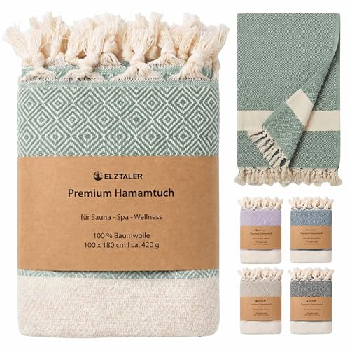 ELZTALER Asciugamano per hammam, 180 x 100 cm, in 100% cotone, asciugamano da sauna, asciugamano da sauna, asciugamano da spiaggia, leggero, assorbente e ad asciugatura rapida, peshtemal (verde salvia