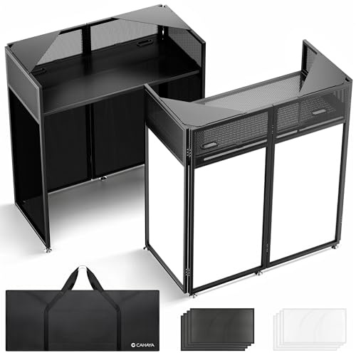 CAHAYA DJ Booth Stand Portable - DJ Facade Booth with Double Top Corners Foldable DJ Stand with Black and White Lighting Scrims, Storage Bag, Cable Holes, 104 * 52 cm Convenient for Events Parties
