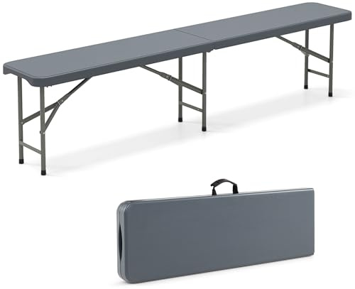 COSTWAY Bierbank klappbar, 180x30x43cm, Klappbank aus Kunststoff, Bierzeltbank mit Tragegriff, Faltbank, Campingbank, Gartenbank, Sitzbank bis 600 kg belastbar, Grau