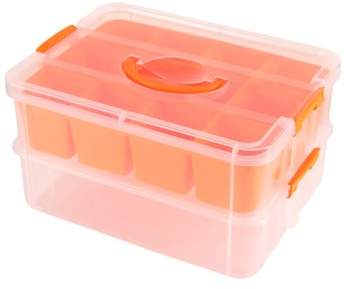HONYUET Förvaringslåda med lock, 35 x 27 x 20 cm stort dubbelskikt orange transparent plastlåda med handtag och fack, arrangör pysselmaterial syförvaring för pyssellåda förvaring pyssellåda