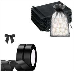 G2PLUS 100 Stück Schwarz Geschenk Organzasäckchen 10x15CM und Schwarz Geschenk Schleifenband 20mm