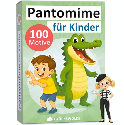 GLÜCKSWOLKE Pantomime Spiel für Kinder - Lustiges Familienspiel | 100 Spielkarten I Indoor & Outdoor Spielzeug - Kinderspiele I Geschenk für Junge & Mädchen I Spiele ab 4, 5, 6, 7, 8, 9 Jahre