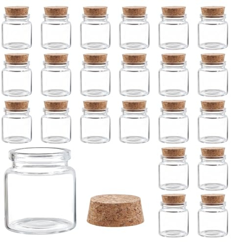 UNICRAFTALE 24 Pièces 50ml/1.7 oz Flacons en Verre avec Bouchons en Liège Pots de Sort Clair Ronds Petits Récipients à épices Mignons Flacons à Potion d'Apothicaire pour DIY Fêtes Décorations 4.7x5cm