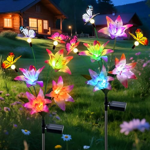 Fohil Lumière Solaire Jardin, 2 Pièces Papillon Fleur de Lys Lampe Solaire Exterieur Jardin Étanche Lumière Décoration Jardin Exterieur Patio, Mariage, Noël, Pelouse, Terrasse