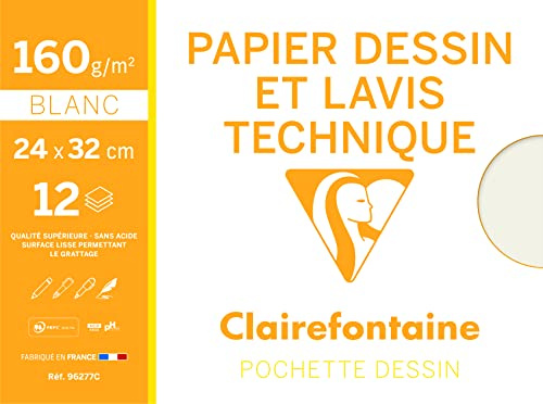 Clairefontaine 96277C Mappe Zeichenpapier (ideal für technische Zeichnungen, 24 x 32 cm, 12 Bögen, 160 g) weiß