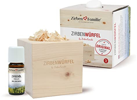 Zirben Familie das Original ZirbenWürfel • natürlicher Aroma Diffuser • Set mit Gravur • Zirbenspäne und Zirbenöl • einzigartiger Zirbenduft