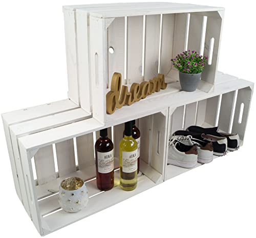 Kistenkolli Altes Land Neue weiße Obstkiste Elfriede 54cm x 35cm x 30cm / Weinkiste Apfelkiste Holzkiste Regalkiste Ablagekiste (3er Set)