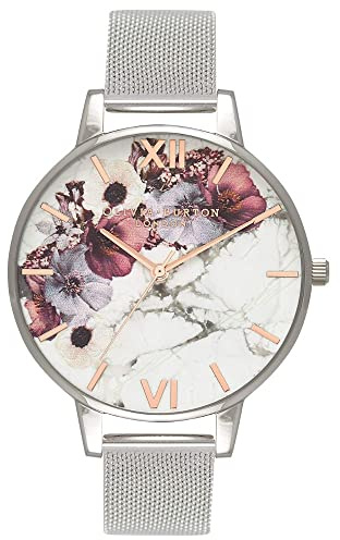 Olivia Burton Reloj Analógico de Cuarzo para Mujer con Correa de Malla de Acero Inoxidable Plateada - OB16MF09