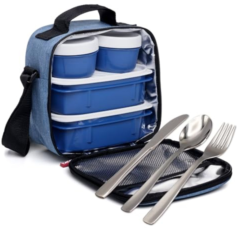 PracticFood - Isolierte Thermo Kühltasche Mittagessen Lunch-Tasche Lunchbox Tragetasche Gekühlt mit 4 Stabilen Behältern und Besteck Inbegriffen. Denim Blau