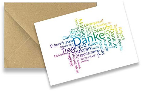 Friendly Fox 12 Dankeskarten, DIN A6 Dankeschön Postkarten, mehrsprachig Danke sagen, Danke Karten mit Umschlag aus Kraftpapier