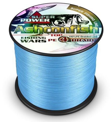 Ashconfish Geflochtene Angelschnur, 4 Stränge, super starker PE-Angeldraht, schwere Zugfestigkeit für Salzwasser und Süßwasser, Abriebfest, Keine Dehnung, 300 m, 3,6 kg, Blau