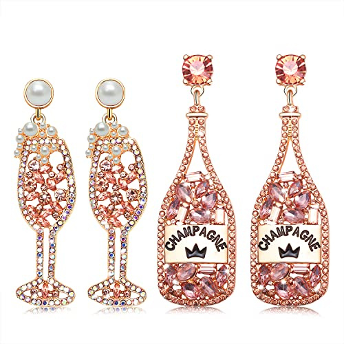 2 Pairs Rhinestone Champagne Bottle Earrings Crystal Wine Glass Dangle Earrings for Women Delicate Champagne Flute Earrings Party Celebration Jewelry Gifts, Zinc, Rhinestone